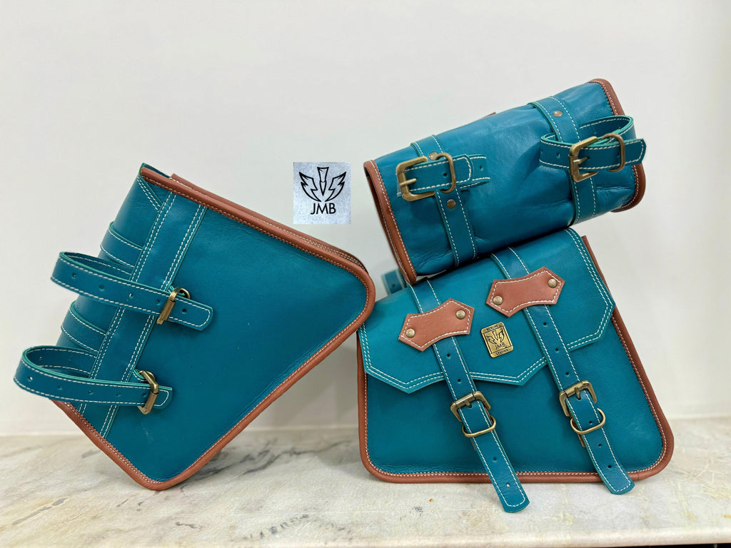 Set 3x Motorcycle Leather Saddlebag