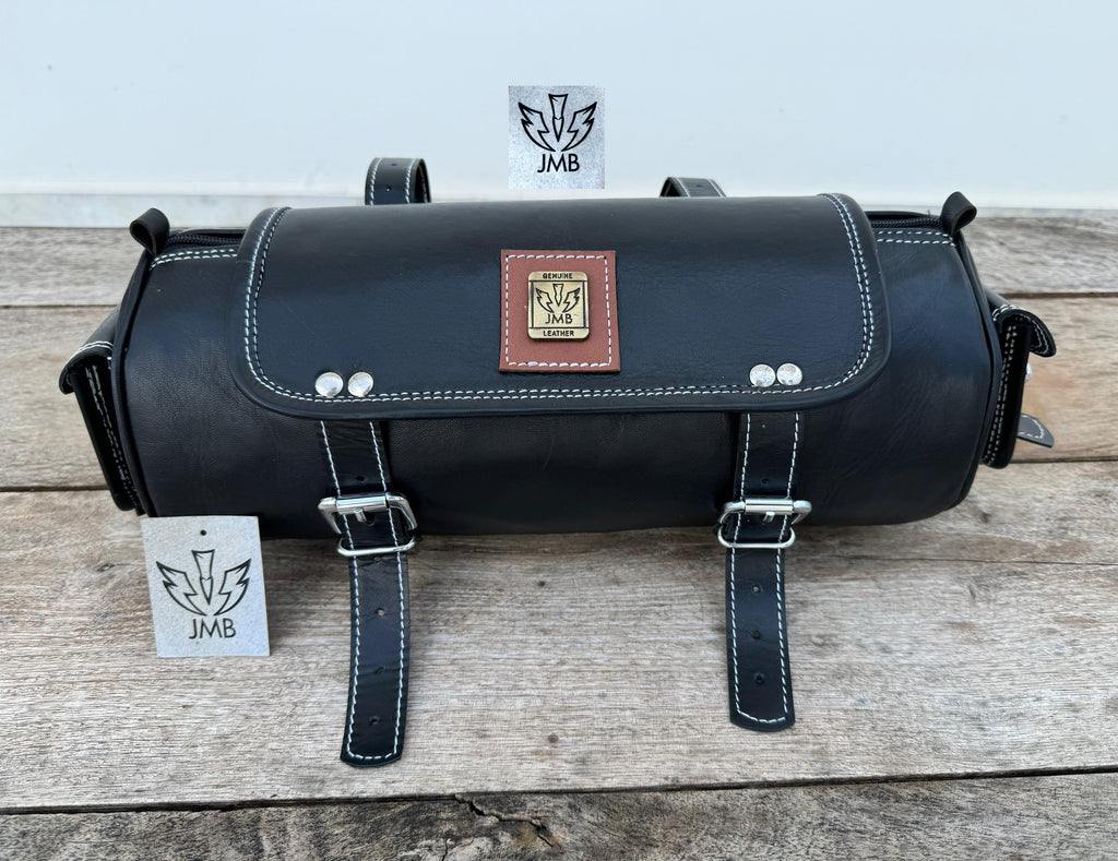 Real Black Leather Tool Bag Motorcycle Front Fork Storage Bag Saddlebag Pannier By Jasolcraft