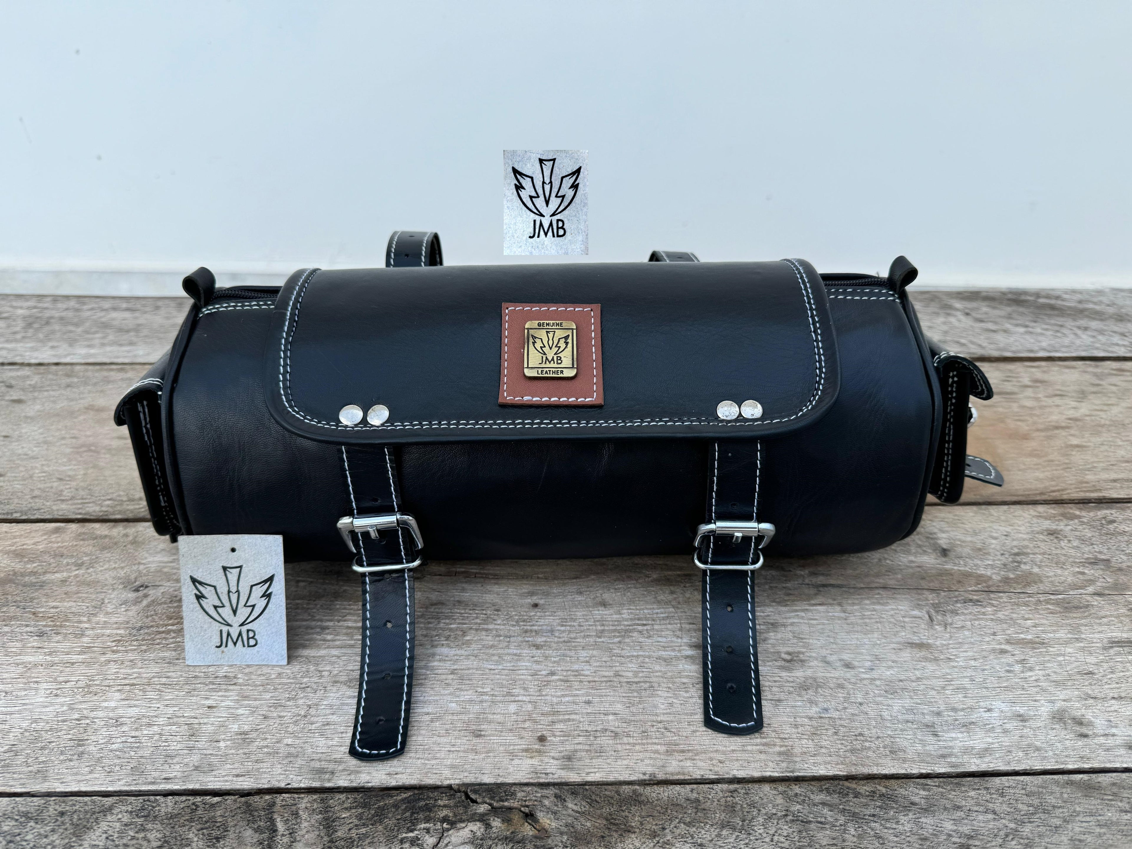 Real Black Leather Tool Bag Motorcycle Front Fork Storage Bag Saddlebag Pannier By Jasolcraft