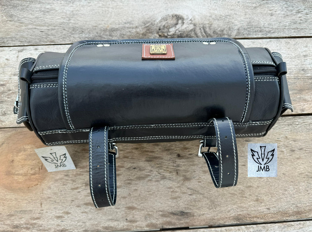 Real Black Leather Tool Bag Motorcycle Front Fork Storage Bag Saddlebag Pannier By Jasolcraft