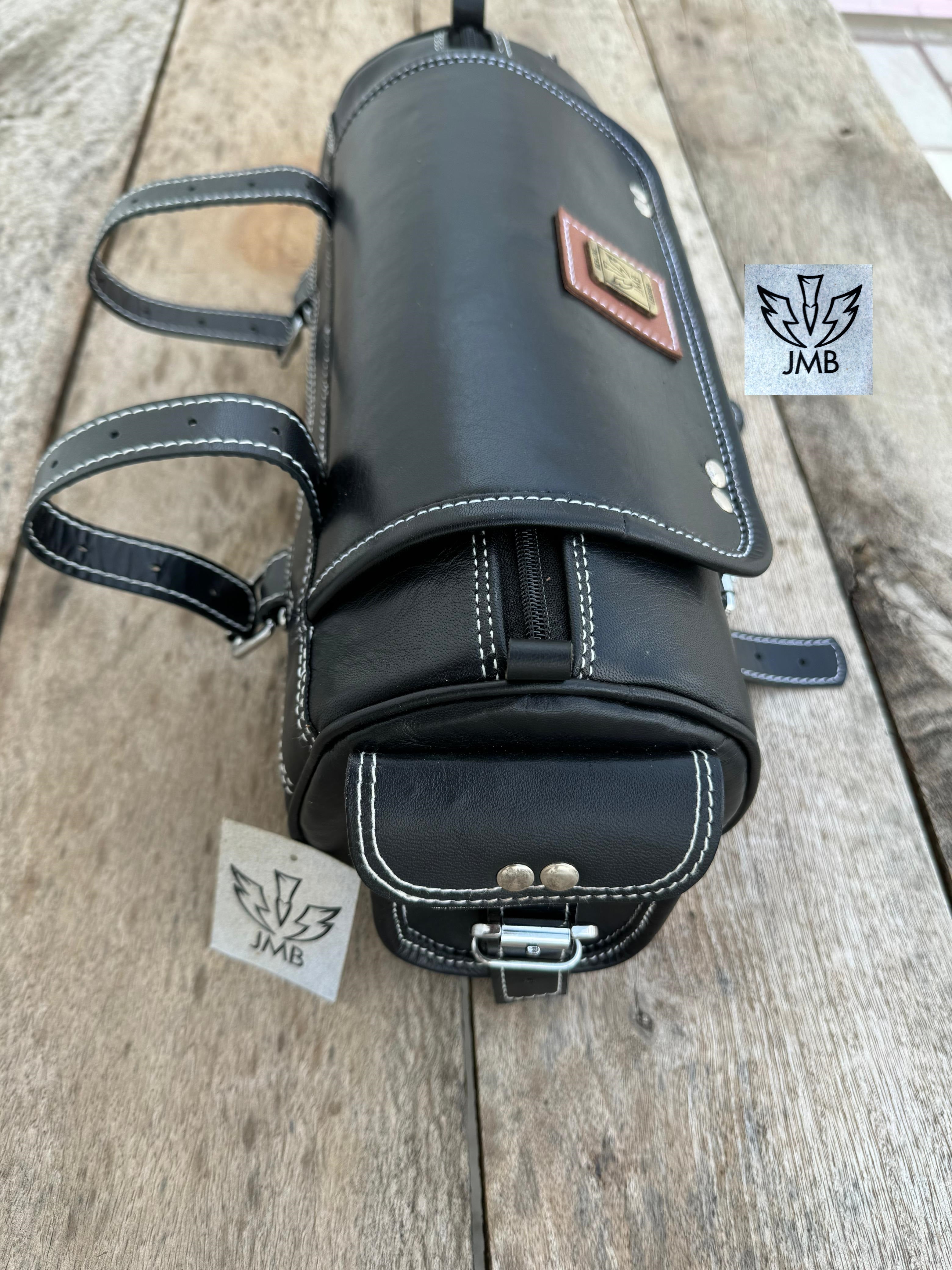 Real Black Leather Tool Bag Motorcycle Front Fork Storage Bag Saddlebag Pannier By Jasolcraft