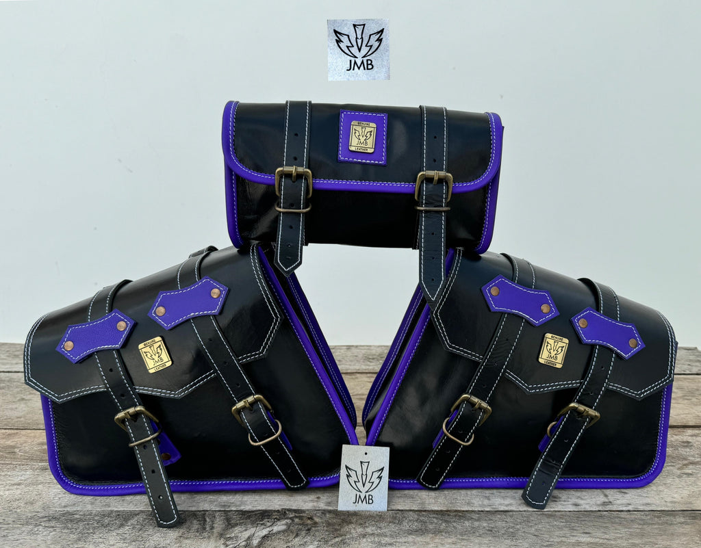 Set of 3 Goat leather motorcycle handmade bag with tool pouch saddle bags