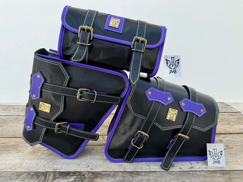 Set of 3 Goat leather motorcycle handmade bag with tool pouch saddle bags