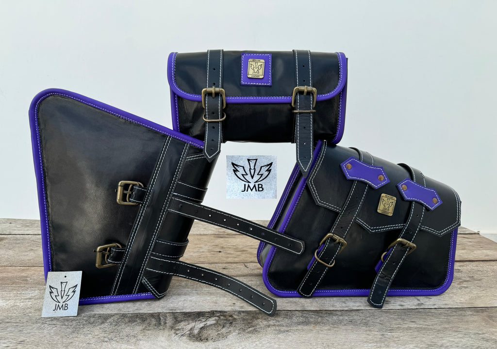 Set of 3 Goat leather motorcycle handmade bag with tool pouch saddle bags