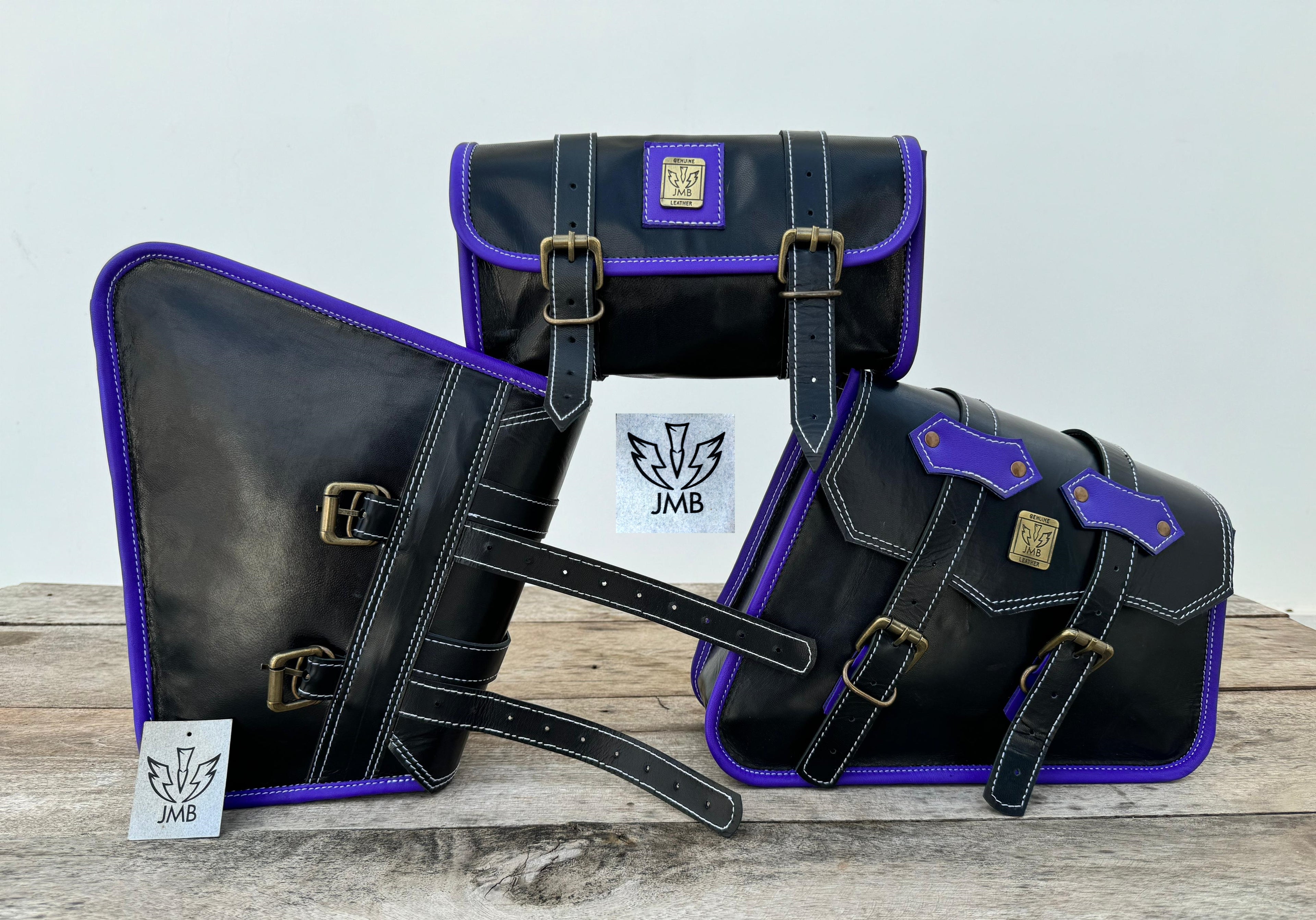 Set of 3 Goat leather motorcycle handmade bag with tool pouch saddle bags