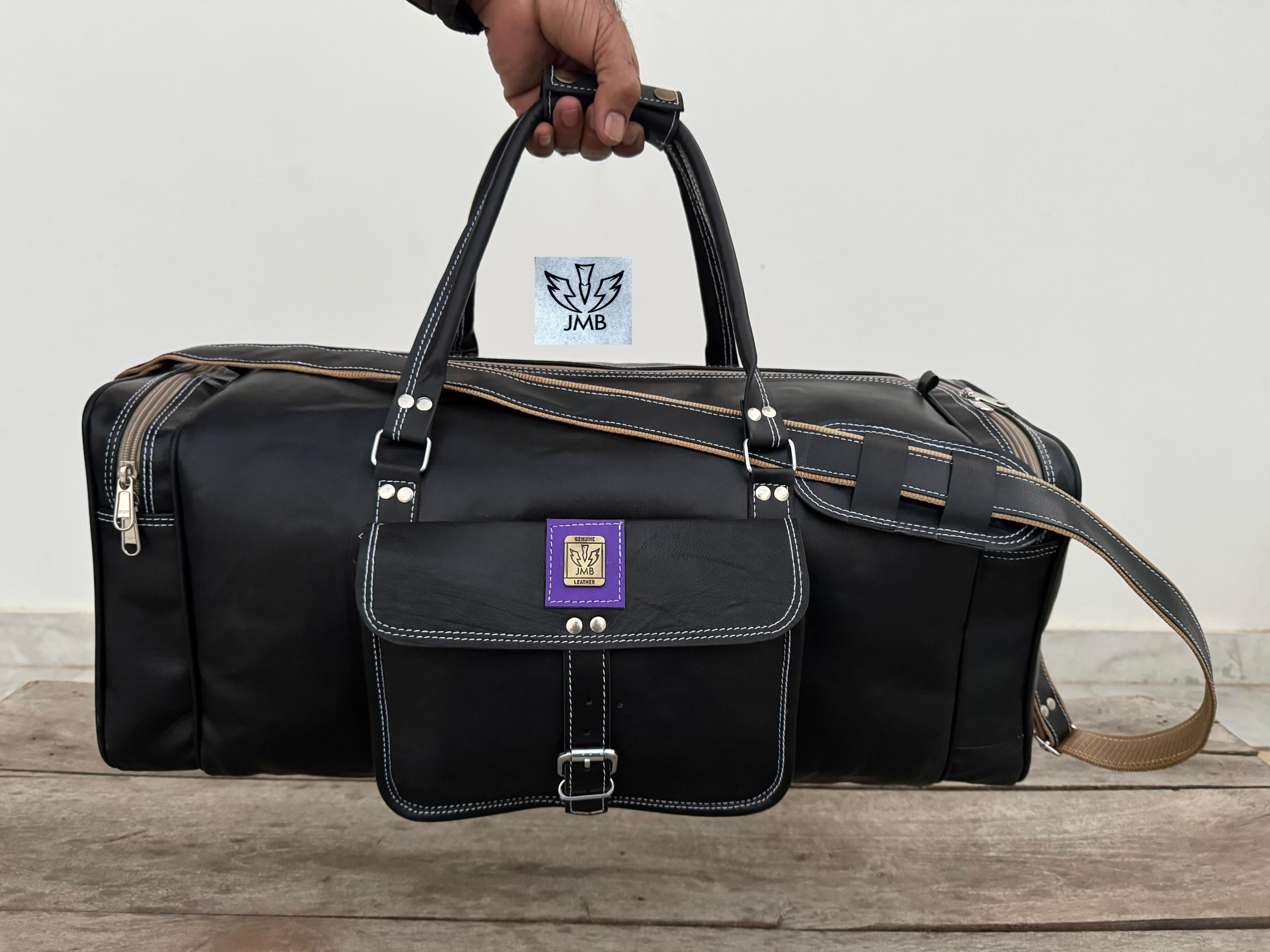 Unisex Black Genuine Leather Travel & Gym Duffle Bag – Weekend Overnight Luggage By Jasolcraft