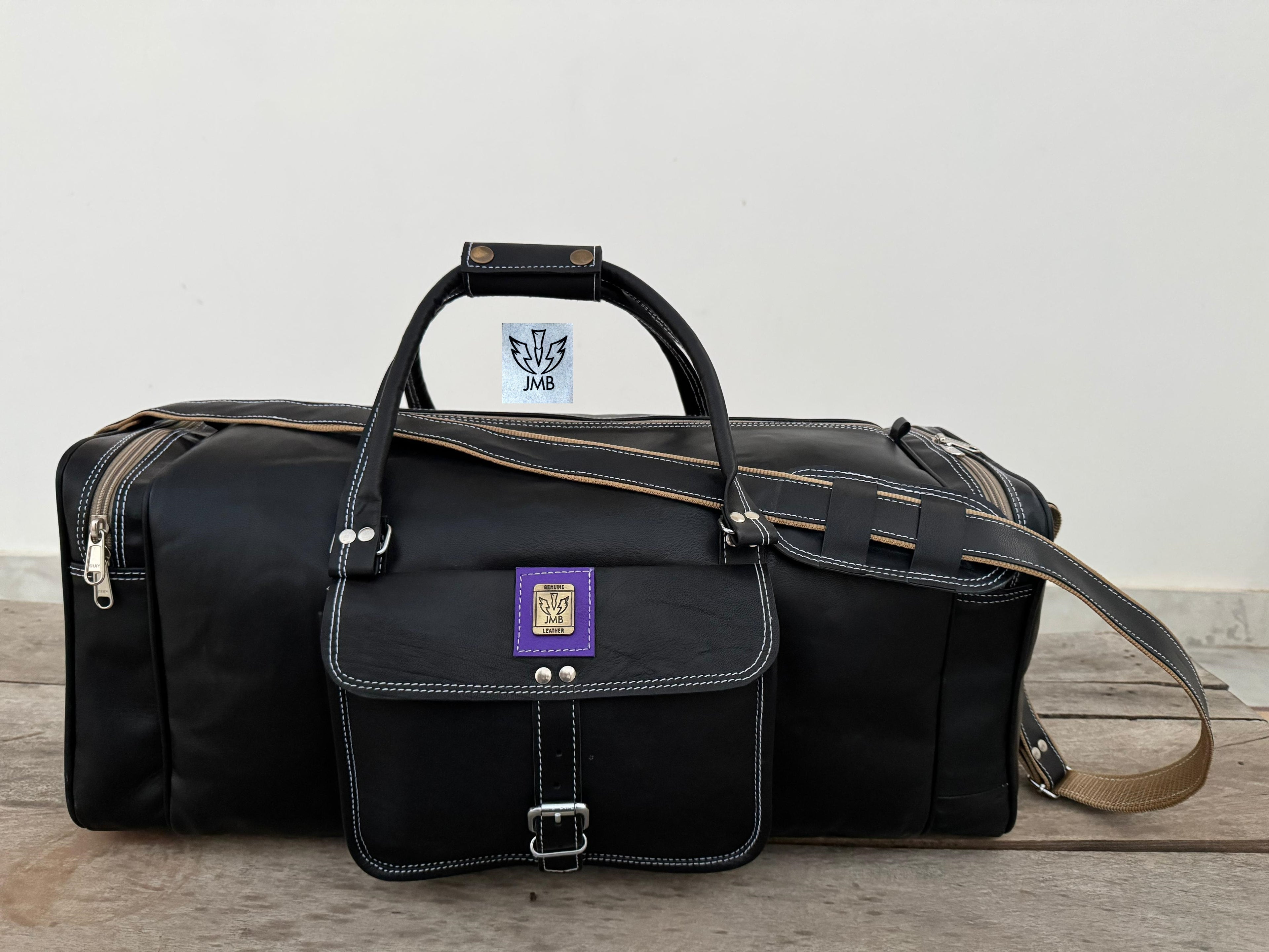 Unisex Black Genuine Leather Travel & Gym Duffle Bag – Weekend Overnight Luggage By Jasolcraft