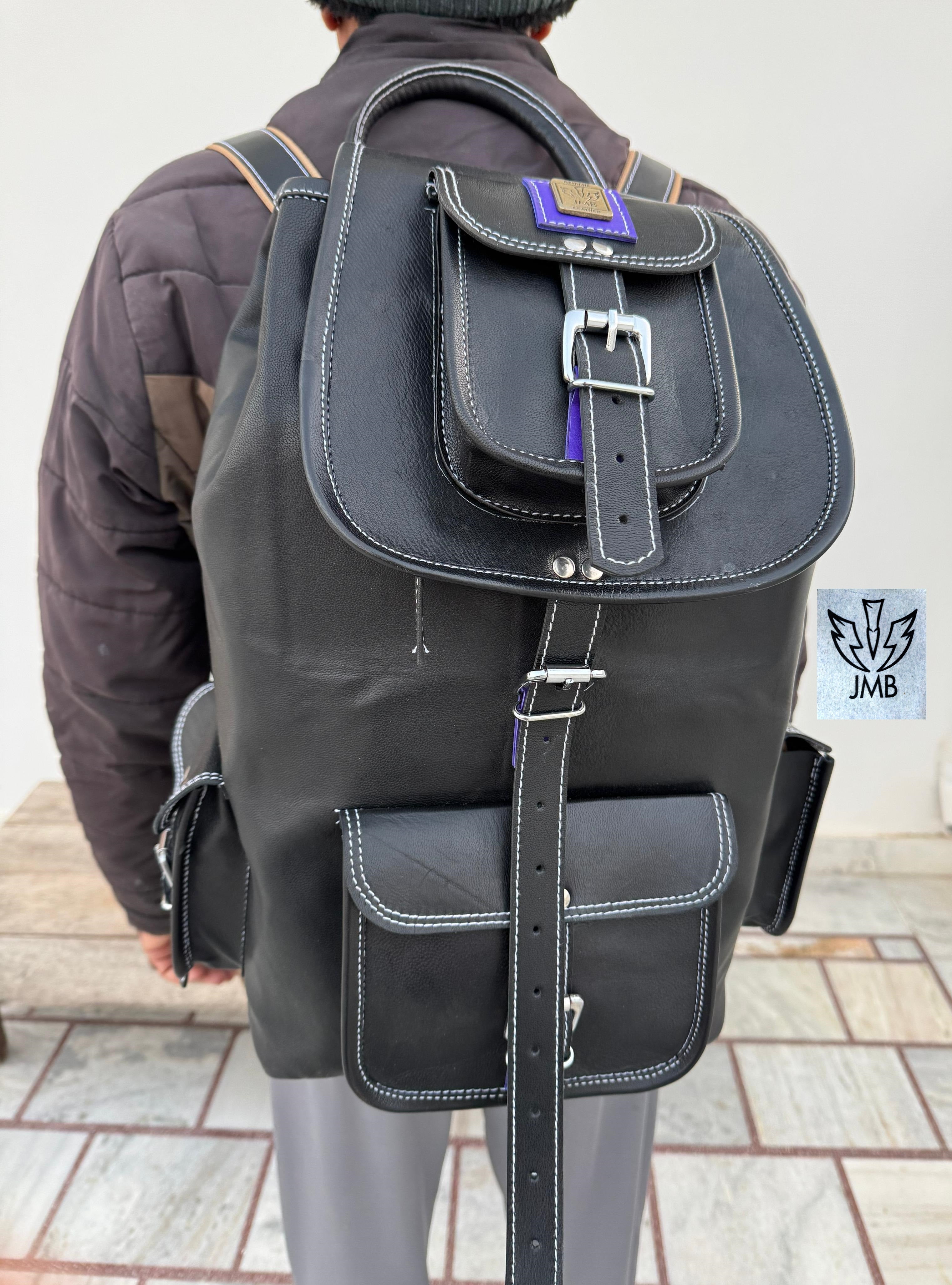 Black Leather Unisex Backpack – 18" Rucksack for School, Travel & Daily Use | JMB by JasolCraft