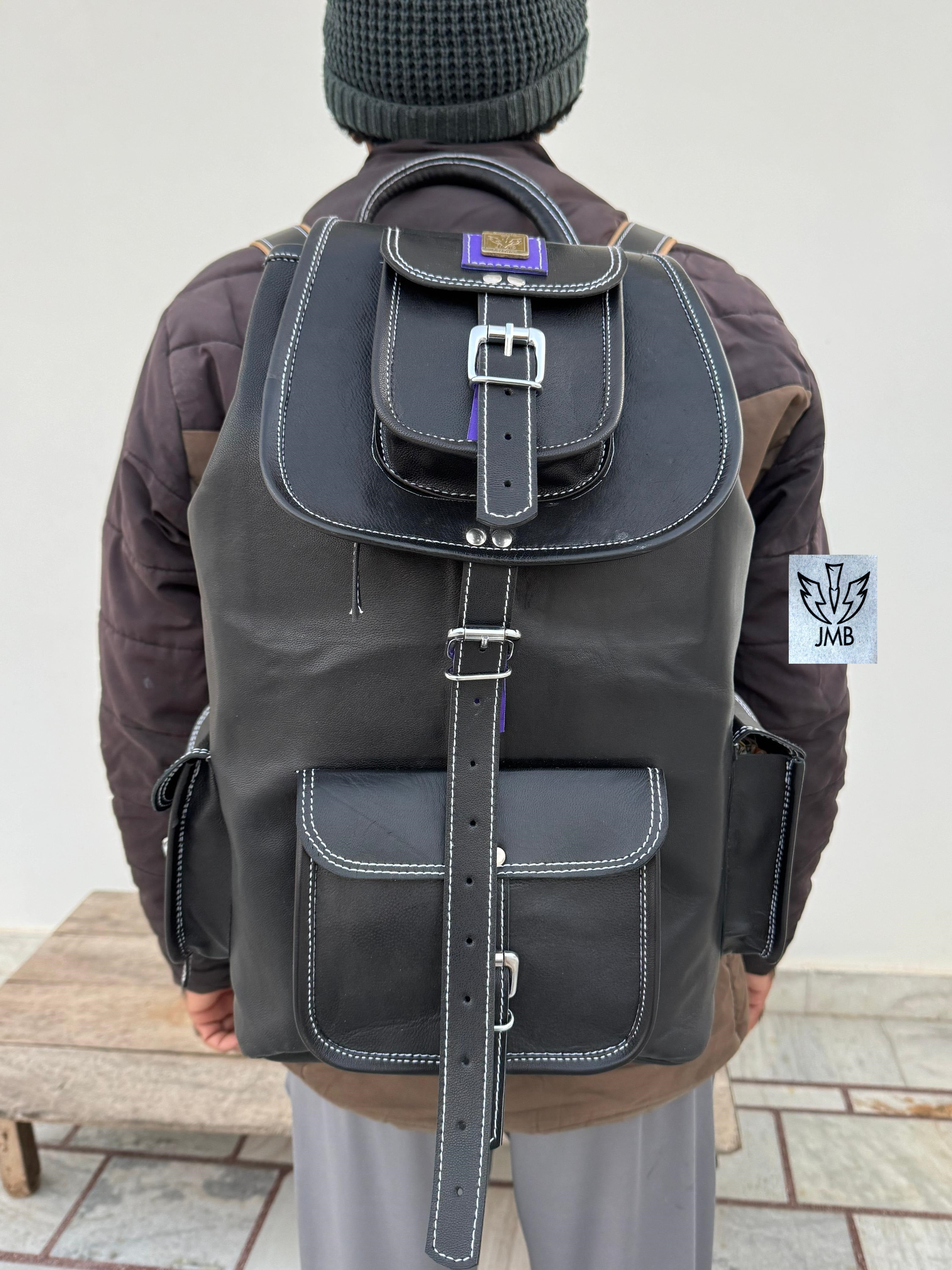 Black Leather Unisex Backpack – 18" Rucksack for School, Travel & Daily Use | JMB by JasolCraft