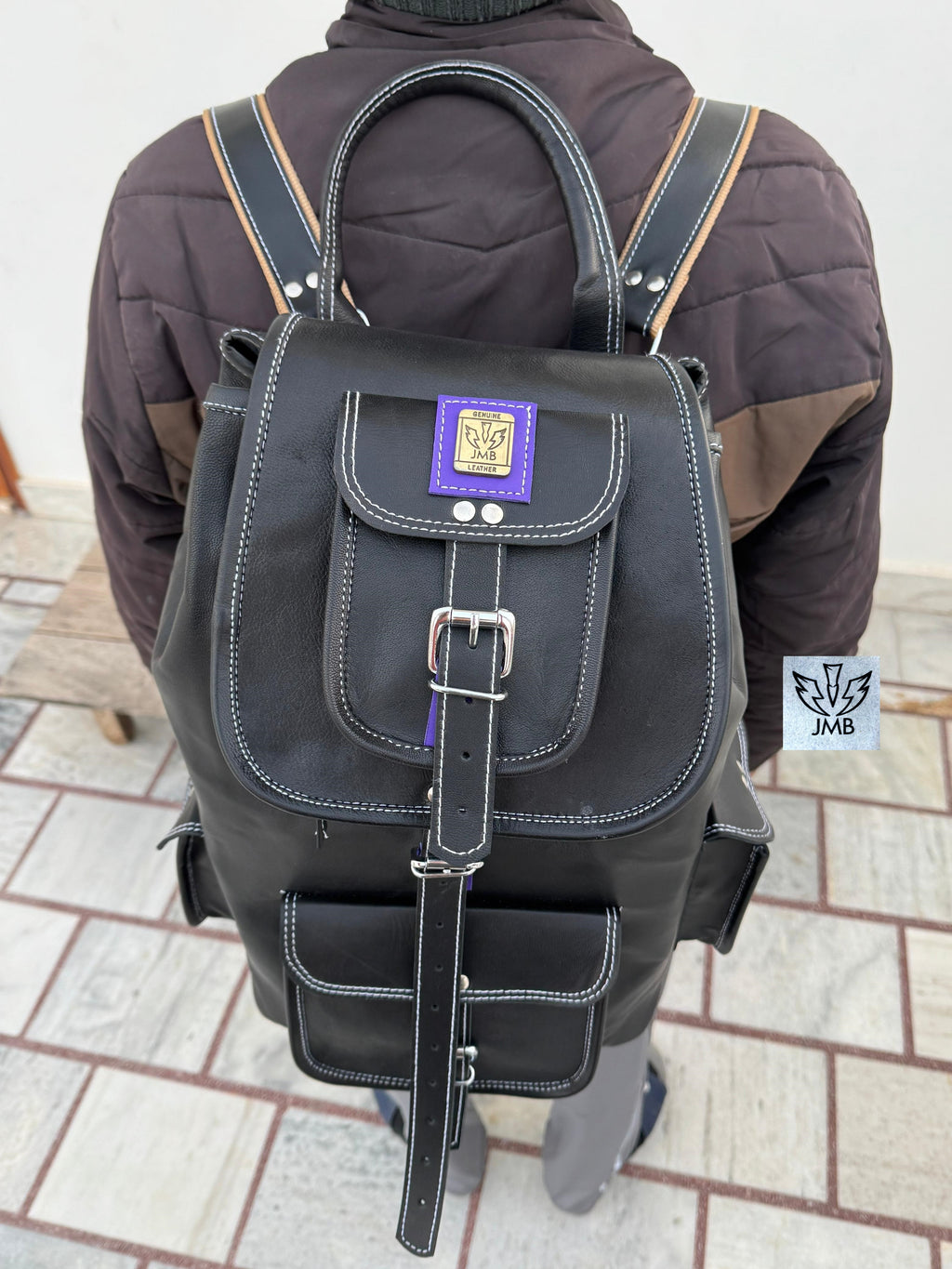 Black Leather Unisex Backpack – 18" Rucksack for School, Travel & Daily Use | JMB by JasolCraft