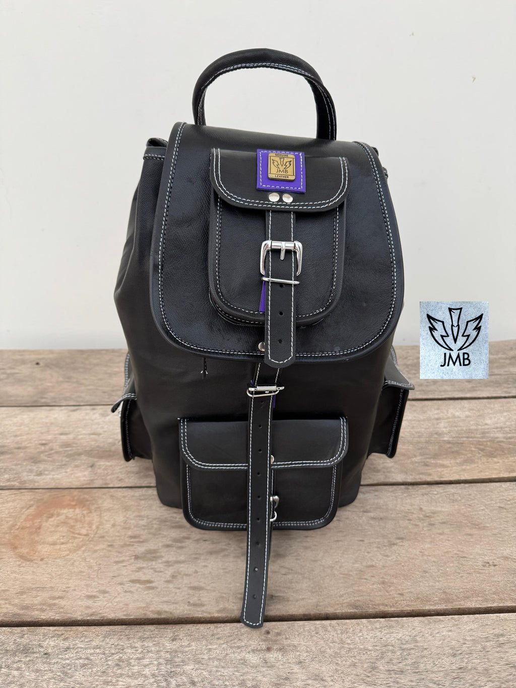 Black Leather Unisex Backpack – 18" Rucksack for School, Travel & Daily Use | JMB by JasolCraft