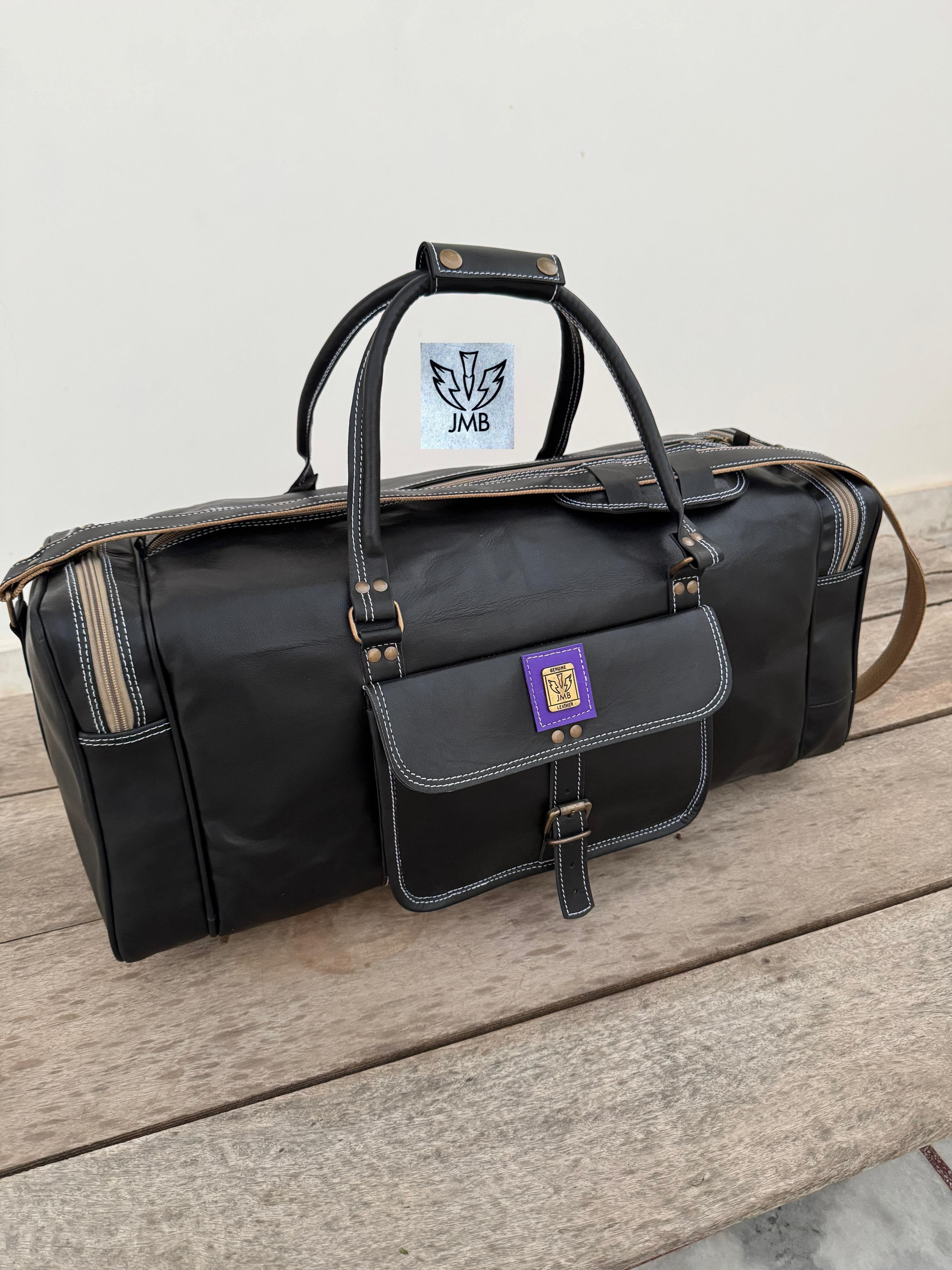 Unisex Black Genuine Leather Travel & Gym Duffle Bag – Weekend Overnight Luggage By Jasolcraft