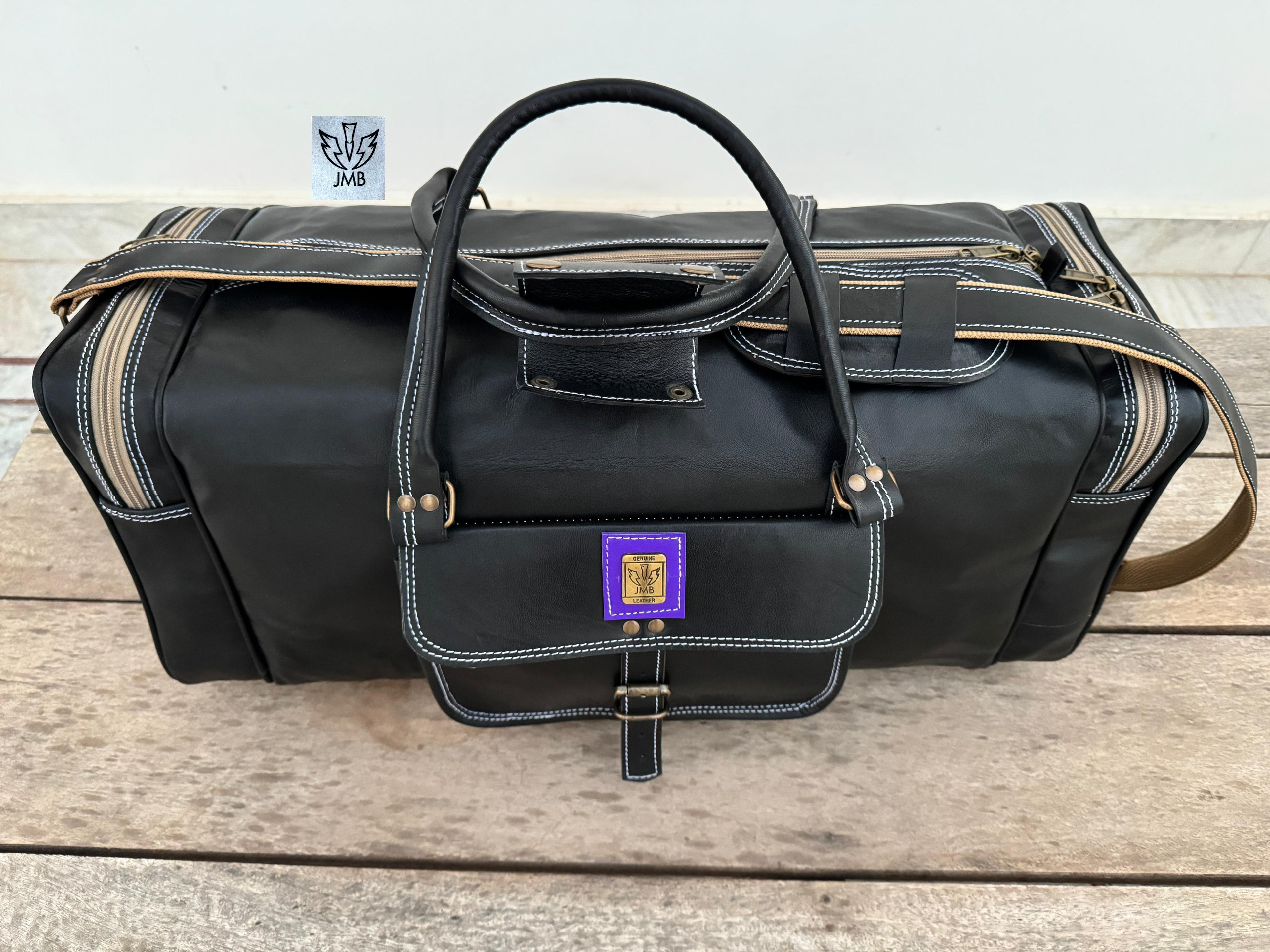 Unisex Black Genuine Leather Travel & Gym Duffle Bag – Weekend Overnight Luggage By Jasolcraft