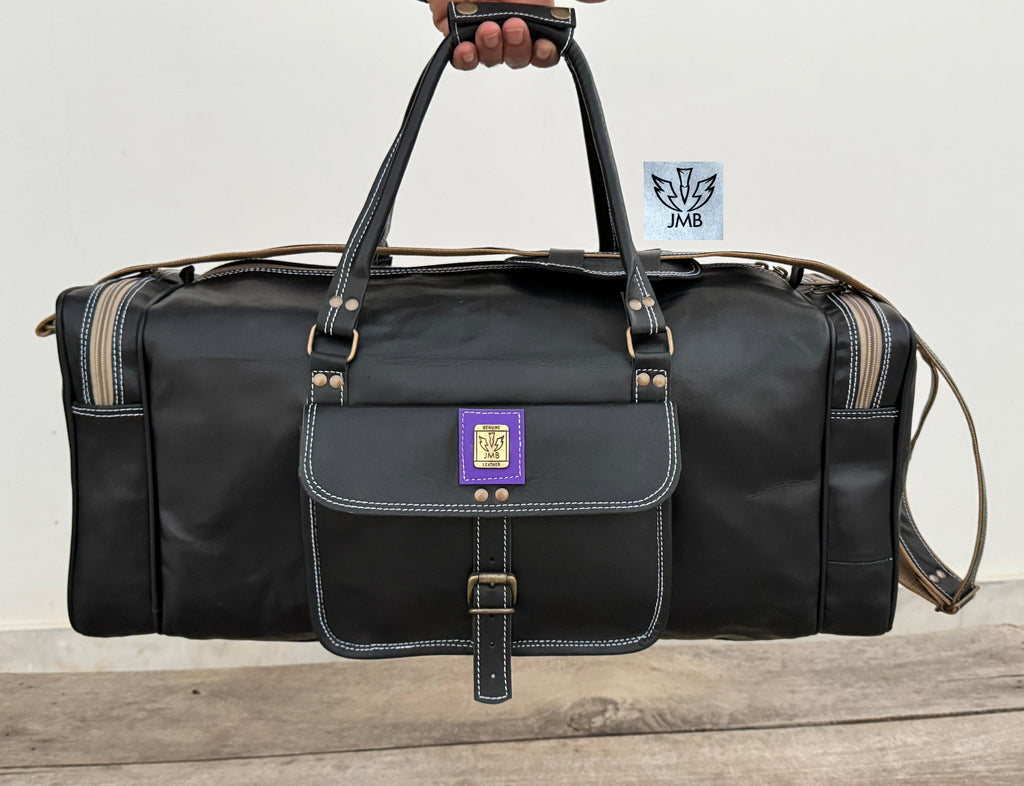 Unisex Black Genuine Leather Travel & Gym Duffle Bag – Weekend Overnight Luggage By Jasolcraft