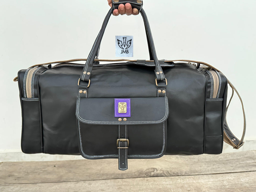 Unisex Black Genuine Leather Travel & Gym Duffle Bag – Weekend Overnight Luggage By Jasolcraft