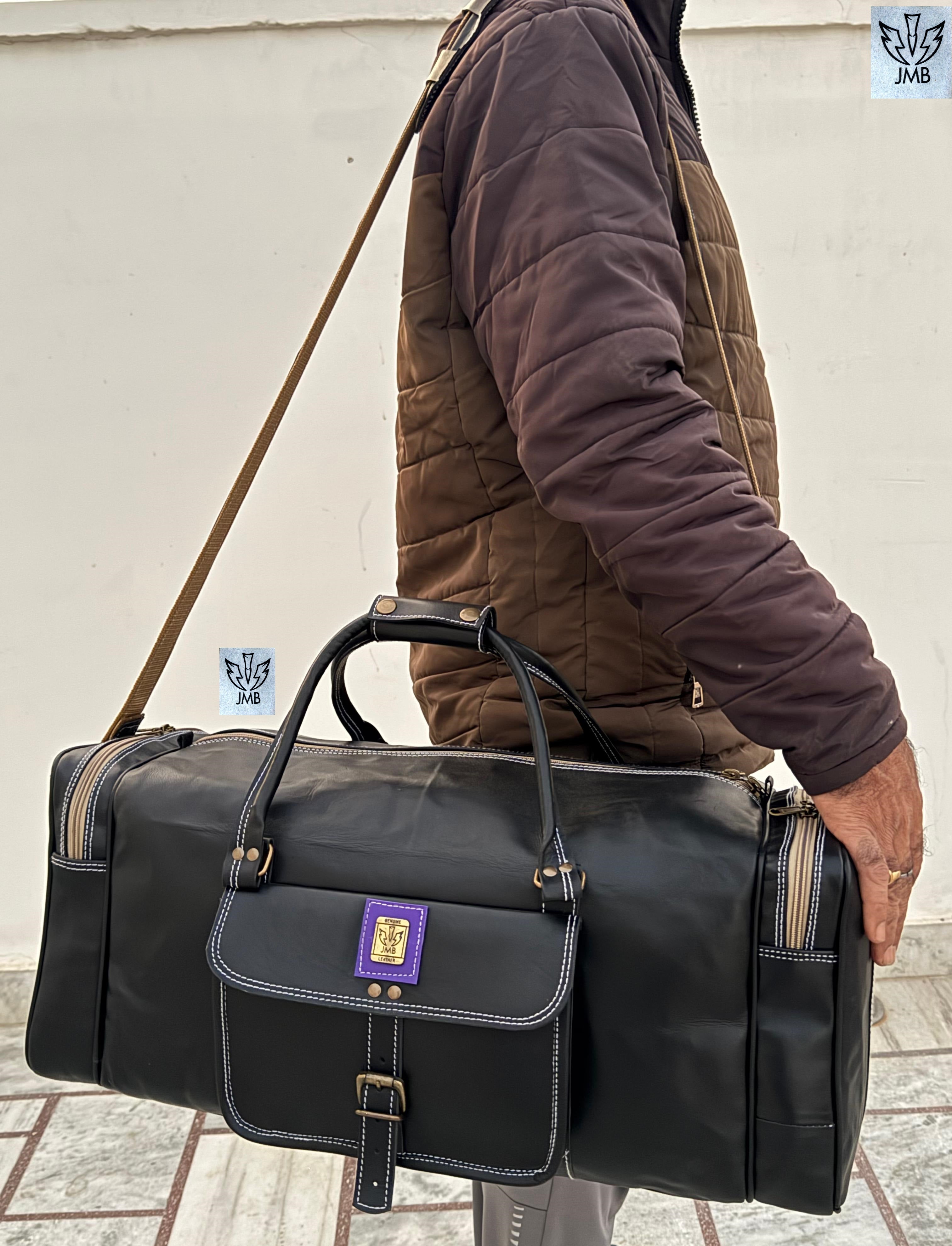 Unisex Black Genuine Leather Travel & Gym Duffle Bag – Weekend Overnight Luggage By Jasolcraft