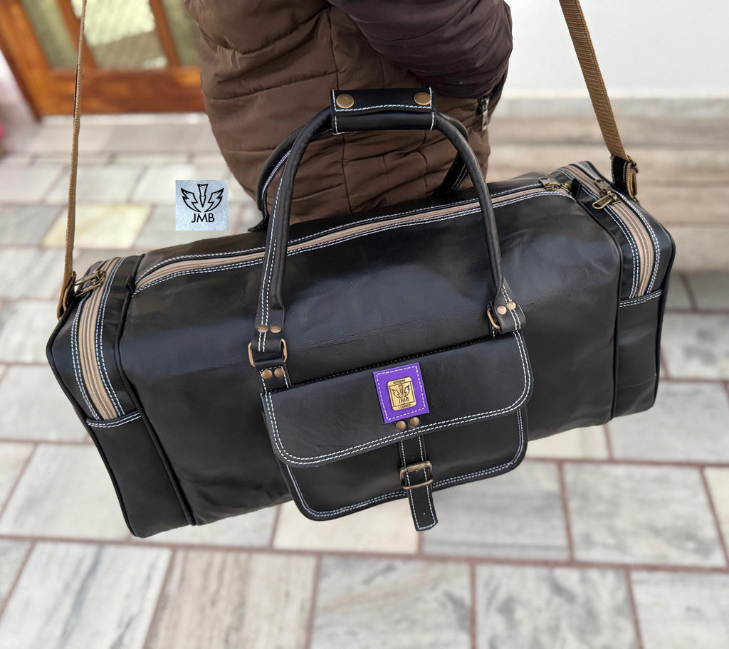 Unisex Black Genuine Leather Travel & Gym Duffle Bag – Weekend Overnight Luggage By Jasolcraft