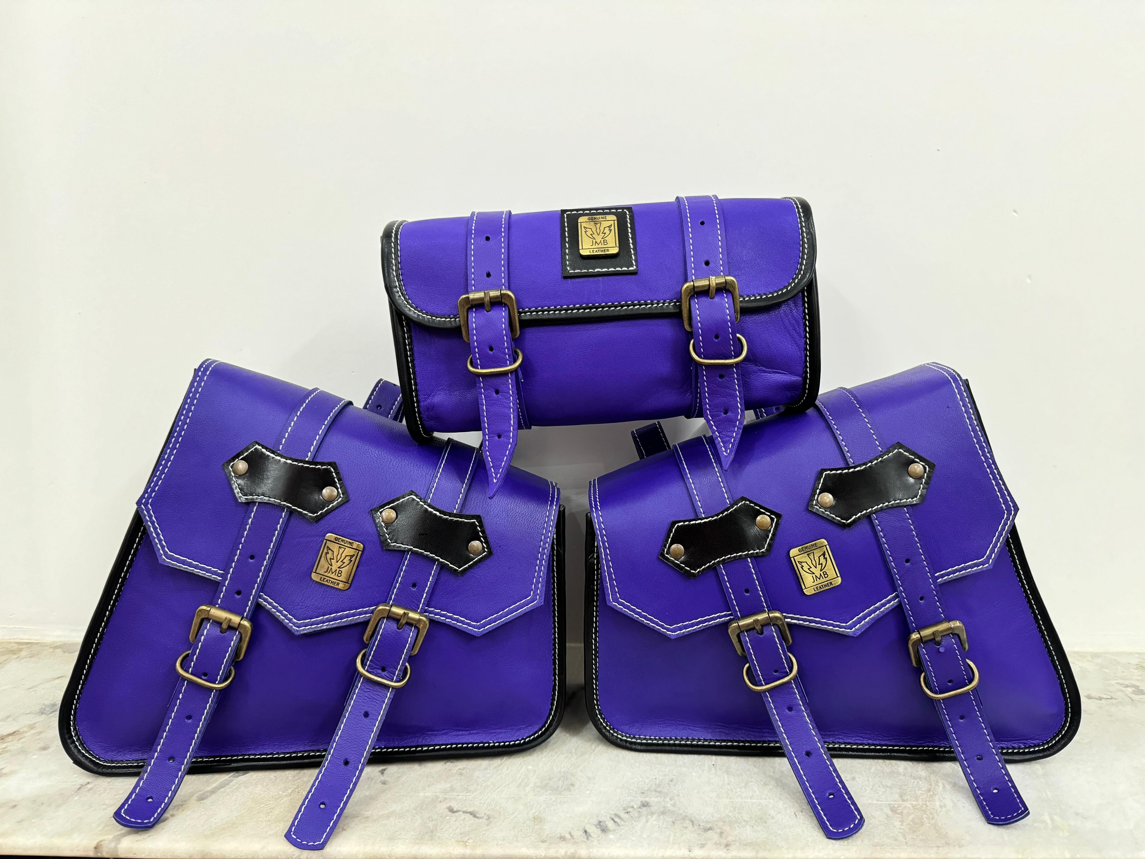 Set of 3 goat leather motorcycle handmade bag with tool pouch saddle bags