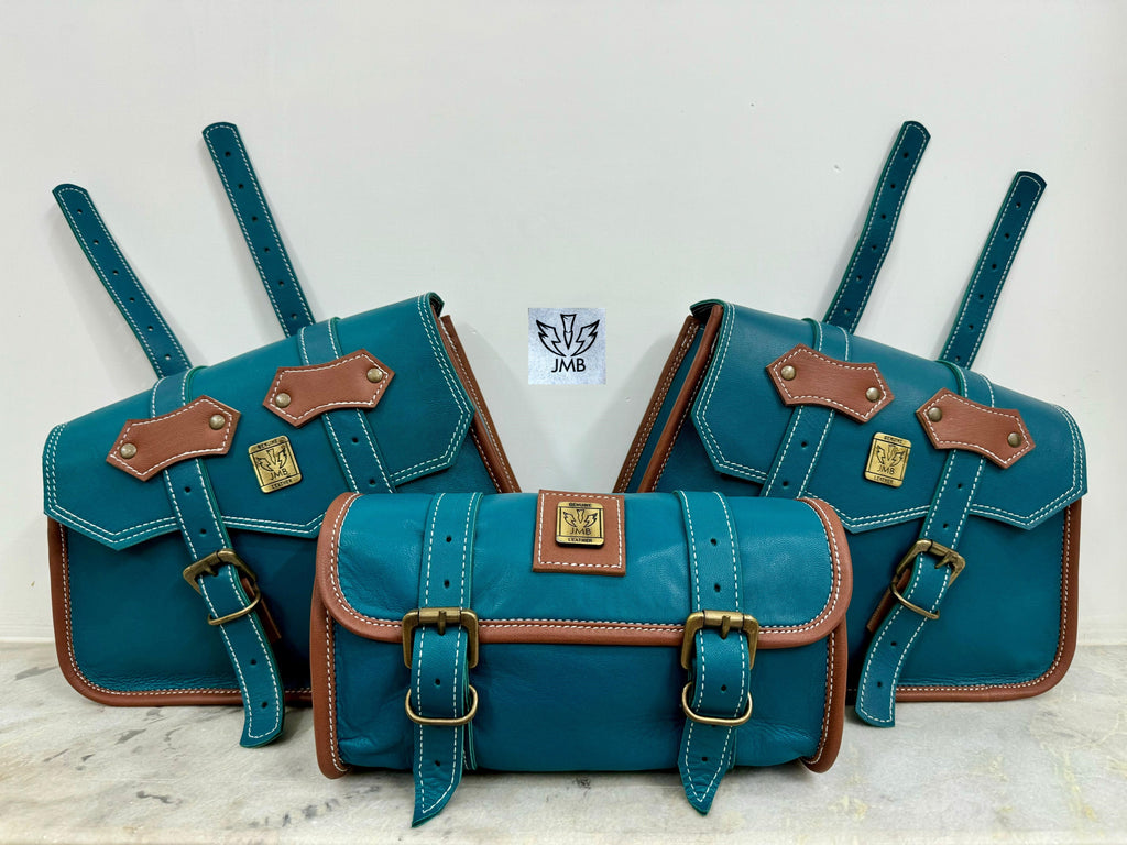 Set 3x Motorcycle Leather Saddlebag